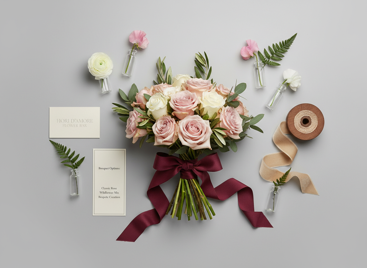 A meticulously styled flat-lay of Fiori D’Amore Flower Bar branding elements on a smooth, dove-grey background. At the center, an elegant bouquet of blush and ivory roses with sprigs of olive branch is gently tied with a wide silk ribbon in deep wine. Surrounding it are small glass vials with single stems, a minimalist embossed business card reading “Fiori D’Amore Flower Bar,” a slim ivory menu of bouquet options, and a spool of fine champagne-colored velvet ribbon. Soft, diffused overhead lighting eliminates harsh shadows, producing a polished, editorial look. The photographic composition is carefully balanced with asymmetrical spacing, creating a luxurious, sophisticated, and modern mood that communicates the boutique, made-by-you concept without any human presence.
