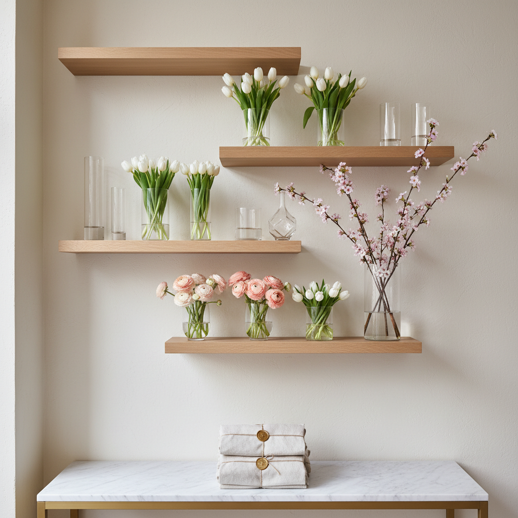 A narrow, photographic vignette of a minimalist shelving wall at Fiori D’Amore, featuring staggered floating oak shelves mounted on a matte plaster wall in warm off-white. On each shelf, curated clusters of clear glass cylinders and faceted vases hold single-variety arrangements: one with only white tulips, another with pale coral ranunculus, another with long, arching cherry blossom branches. Below, a marble-topped console displays neatly stacked linen-wrapped bouquet kits, each secured with a wax seal. Soft, indirect daylight from a nearby window grazes the wall, creating gentle vertical shadows under the shelves. Shot straight-on with sharp focus throughout, the scene feels orderly, serene, and sophisticated, emphasizing premium materials and the curated, self-serve flower bar experience.