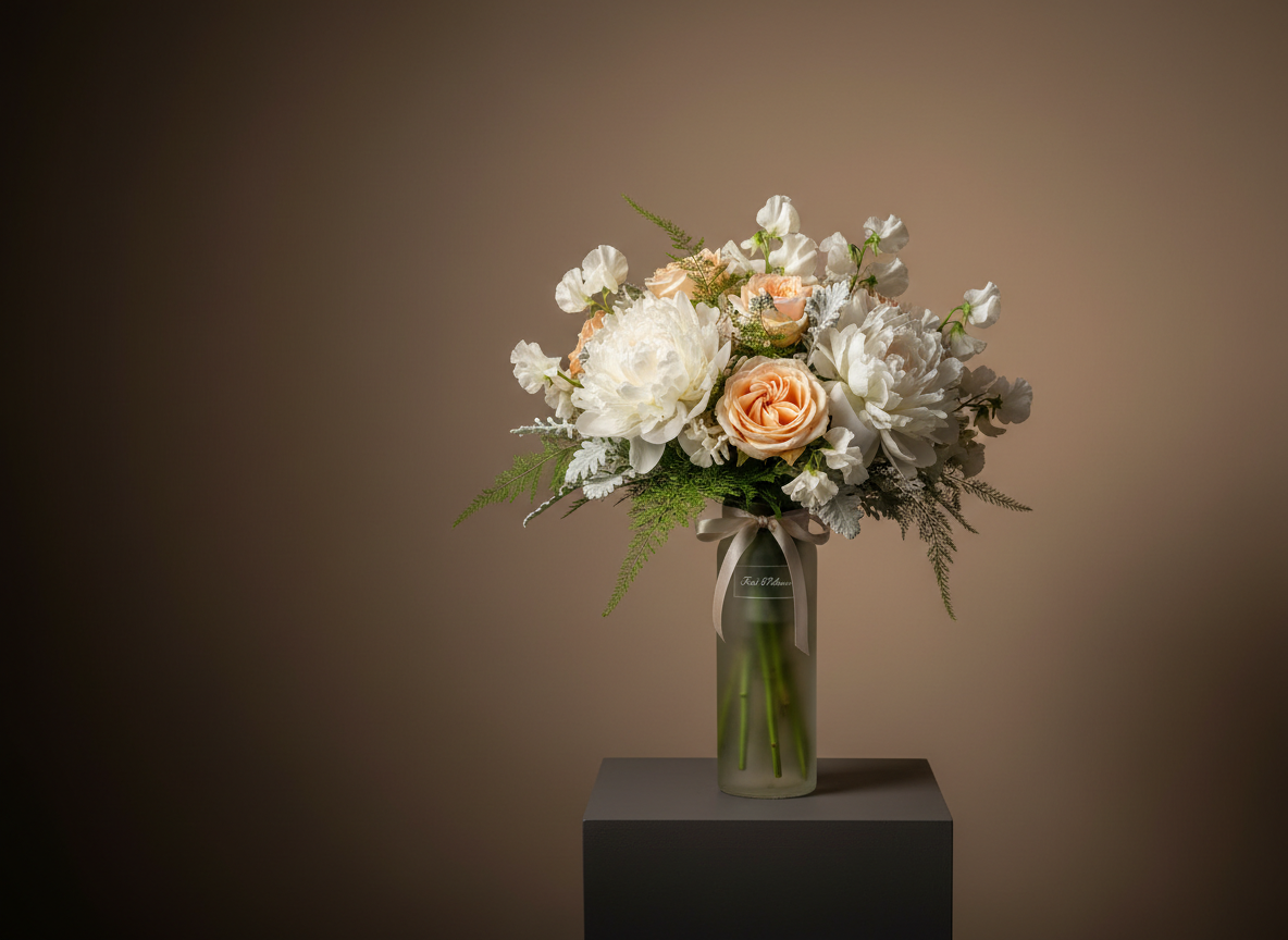 A refined, photographic still life of a single bespoke bouquet from Fiori D’Amore, standing in a tall, slender, frosted glass vase on a matte charcoal pedestal. The bouquet features layered white and blush peonies, pale apricot roses, and delicate white sweet peas, interwoven with airy asparagus fern and soft grey-green dusty miller. The background is a smooth, warm taupe wall that fades into gentle shadow. Directional soft-box lighting from the right creates sculpted highlights on petals and a subtle rim light along leaf edges, while the left side falls into a velvety gradient. Captured at a slightly elevated angle with a medium depth of field, the image feels gallery-like, calm, and sophisticated, ideal as a hero visual representing the brand’s elevated, romantic aesthetic.