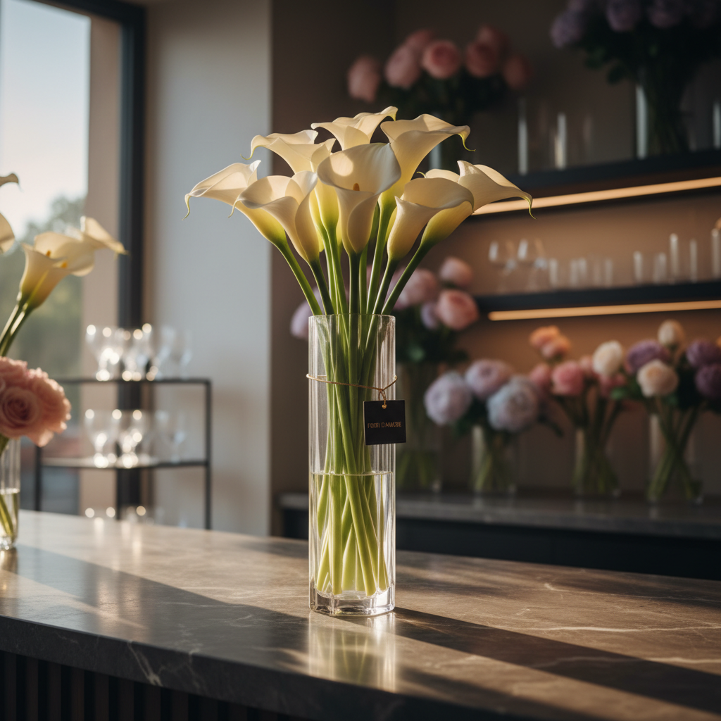 A cinematic, photographic close-up of a tall, narrow crystal vase positioned on a polished, dark stone counter at Fiori D’Amore, filled with long-stemmed white calla lilies arranged in a graceful, sculptural fan. The lilies’ smooth, ivory petals catch a golden-hour glow from a side window, casting elongated, abstract shadows across the stone surface. In the softly blurred background, rows of muted pastel blooms and glass vessels recede into a warm haze. The composition is vertically oriented with the vase slightly off-center, using a shallow depth of field to emphasize the lilies’ elegant curves. The mood is quietly dramatic and sophisticated, highlighting the artistry and luxury of the flower bar’s individual stem selection.
