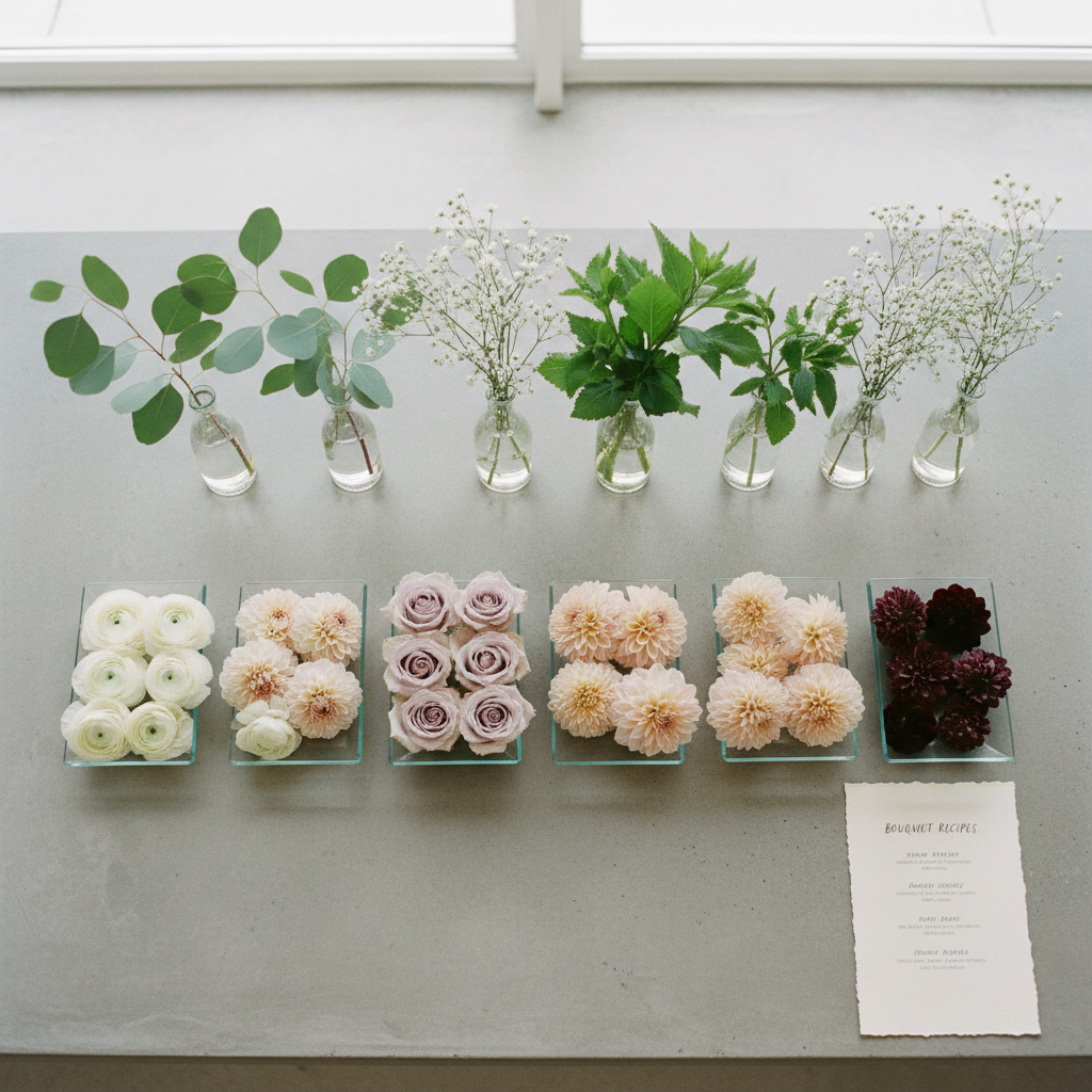 An overhead, photographic composition of a curated flower bar station, displaying organized sections of individual blooms and foliage on a pale grey concrete countertop. Small, rectangular glass trays hold separate groupings of white ranunculus, pale lavender roses, blush dahlias, and deep burgundy scabiosa, each carefully aligned. Slim glass carafes filled with water hold tall stems of eucalyptus, ruscus, and delicate waxflower along the back edge. A handwritten-style menu card printed on textured ivory paper lists bouquet recipes, placed elegantly in one corner. Soft, natural window light spreads evenly across the scene, creating gentle shadows with no harsh contrast. The mood is refined, modern, and subtly luxurious, emphasizing choice and creativity within a precisely organized, minimalist flower bar environment.