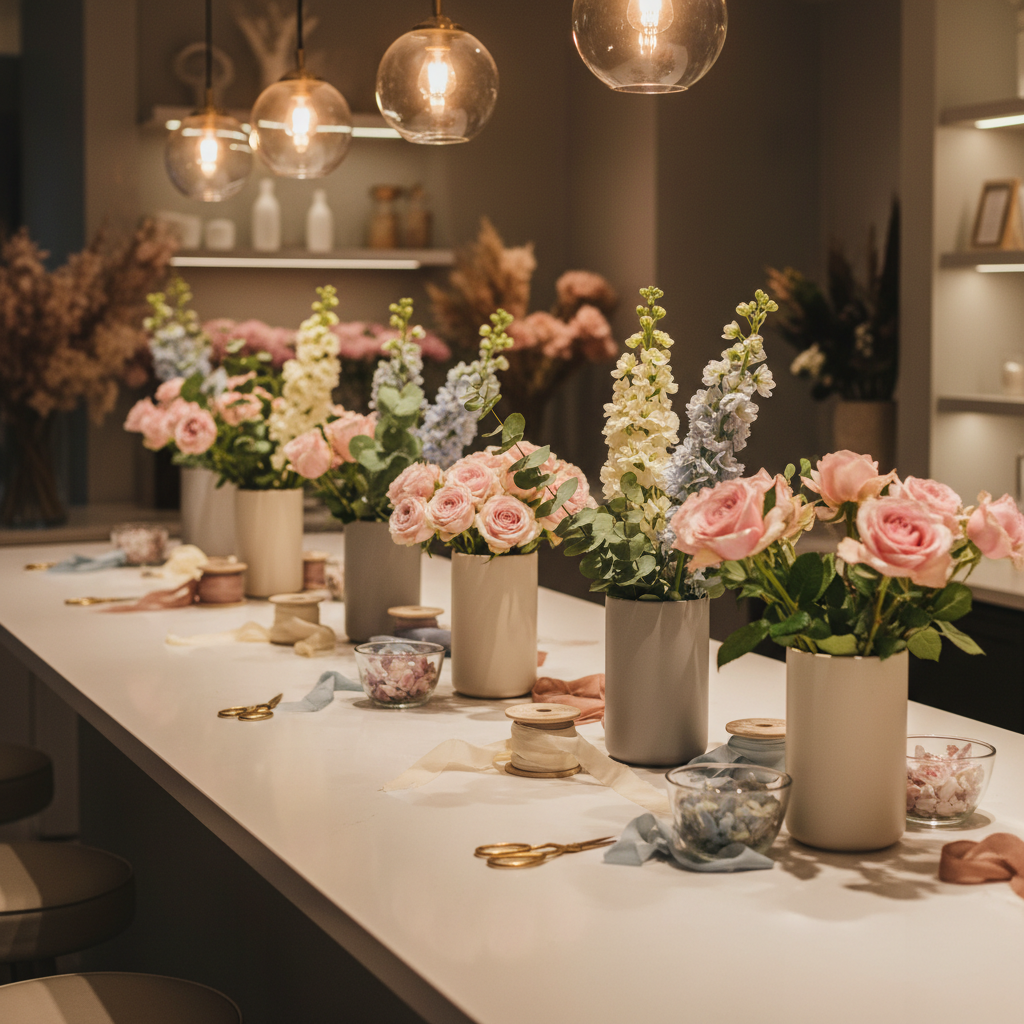 An atmospheric, photographic scene of the Fiori D’Amore Flower Bar counter prepared for an evening workshop, viewed from a slightly elevated angle. Along the length of a seamless white quartz surface, evenly spaced matte ceramic cylinders hold pre-sorted stems: blush roses, ivory stock, pale blue delphinium, and soft greenery. Between them rest neatly coiled silk ribbons, small glass bowls of decorative petals, and brushed brass scissors. Overhead, warm, diffused pendant lighting casts a soft golden wash, creating subtle reflections on the quartz and gentle halos around the vases. The distant background falls into a velvety blur, with only hints of additional flowers and shelving. The atmosphere is intimate, refined, and inspiring, emphasizing a luxurious yet approachable space where guests can design their own arrangements.