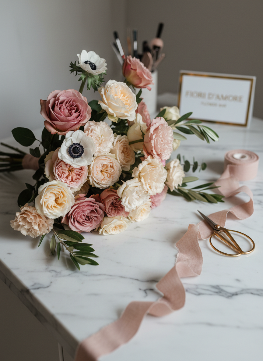 A close-up, photographic view of an artfully arranged bouquet in progress on a cool white marble work surface, featuring long-stemmed garden roses, anemones, and lisianthus in romantic shades of dusty pink, champagne, and soft cream. Delicate eucalyptus and olive branches fan out, their silvery-green leaves adding contrast. Beside the bouquet, elegant gold-handled floral shears rest on a linen-textured blush ribbon gently curling across the marble. Soft, diffused studio lighting from the left creates refined shadows and subtle highlights on petals and stone veins. The composition uses rule of thirds with a shallow depth of field, focusing on the bouquet’s center while the tools blur gracefully, conveying a calm, sophisticated, made-by-you crafting moment at the Fiori D’Amore Flower Bar.