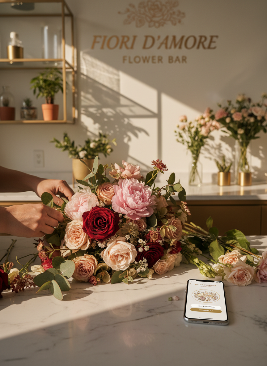An elegant, softly lit photograph of a lush bouquet being arranged on a marble counter at Fiori D’Amore Flower Bar, with a modern smartphone placed beside the flowers to suggest contacting or booking, cinematic composition, shallow depth of field, warm, romantic tones