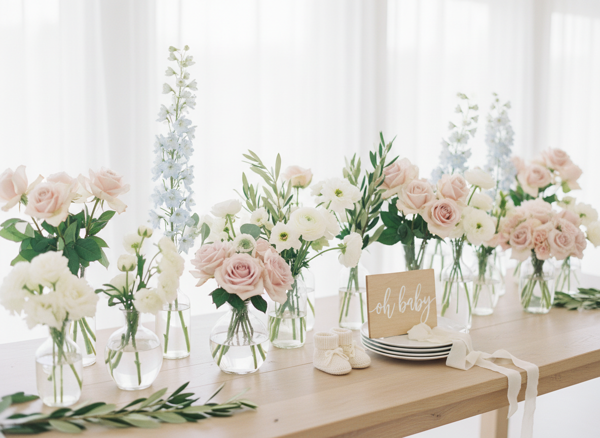 Soft, natural-light photograph of a baby shower flower bar setup: pastel-toned blooms in bud vases (blush roses, pale blue delphiniums, white ranunculus, soft greenery) arranged on a light wood table, with subtle baby shower details (a small neutral-toned “oh baby” sign, delicate ribbon, and tiny booties nearby). No people, no visible faces. Background softly blurred, airy and elegant, matching an upscale event styling brand aesthetic.