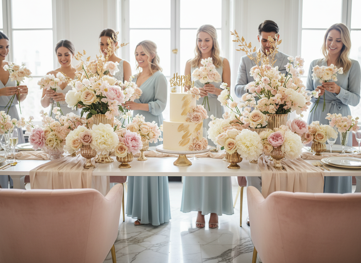 An elegant luxury birthday celebration setup featuring a flower bar display with fresh pastel blooms, soft blush and cream tones, delicate gold accents, a beautifully styled tiered birthday cake, and guests creating bouquets in the background. Natural soft lighting, sophisticated styling, high-end event photography aesthetic.