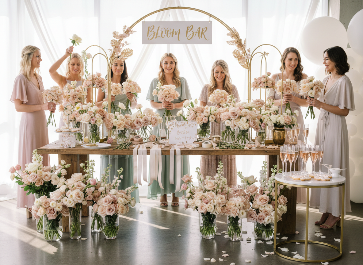 An elegant bridal shower flower bar setup featuring soft blush, ivory and champagne florals, delicate gold accents, a styled bouquet-making station, champagne glasses, bridal-themed decor, and guests creating bouquets. Light, airy atmosphere with natural soft lighting. Sophisticated, luxury event photography aesthetic.