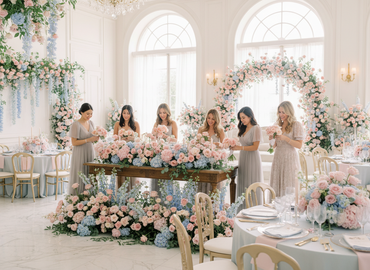 A luxury baby shower flower bar at an elegant indoor venue, soft natural lighting, pastel pink and blue floral arrangements styled around the room, flowers surrounding guest tables, guests creating bouquets, refined and sophisticated atmosphere, wide landscape composition showing flowers throughout the event space, not a close-up product shot.