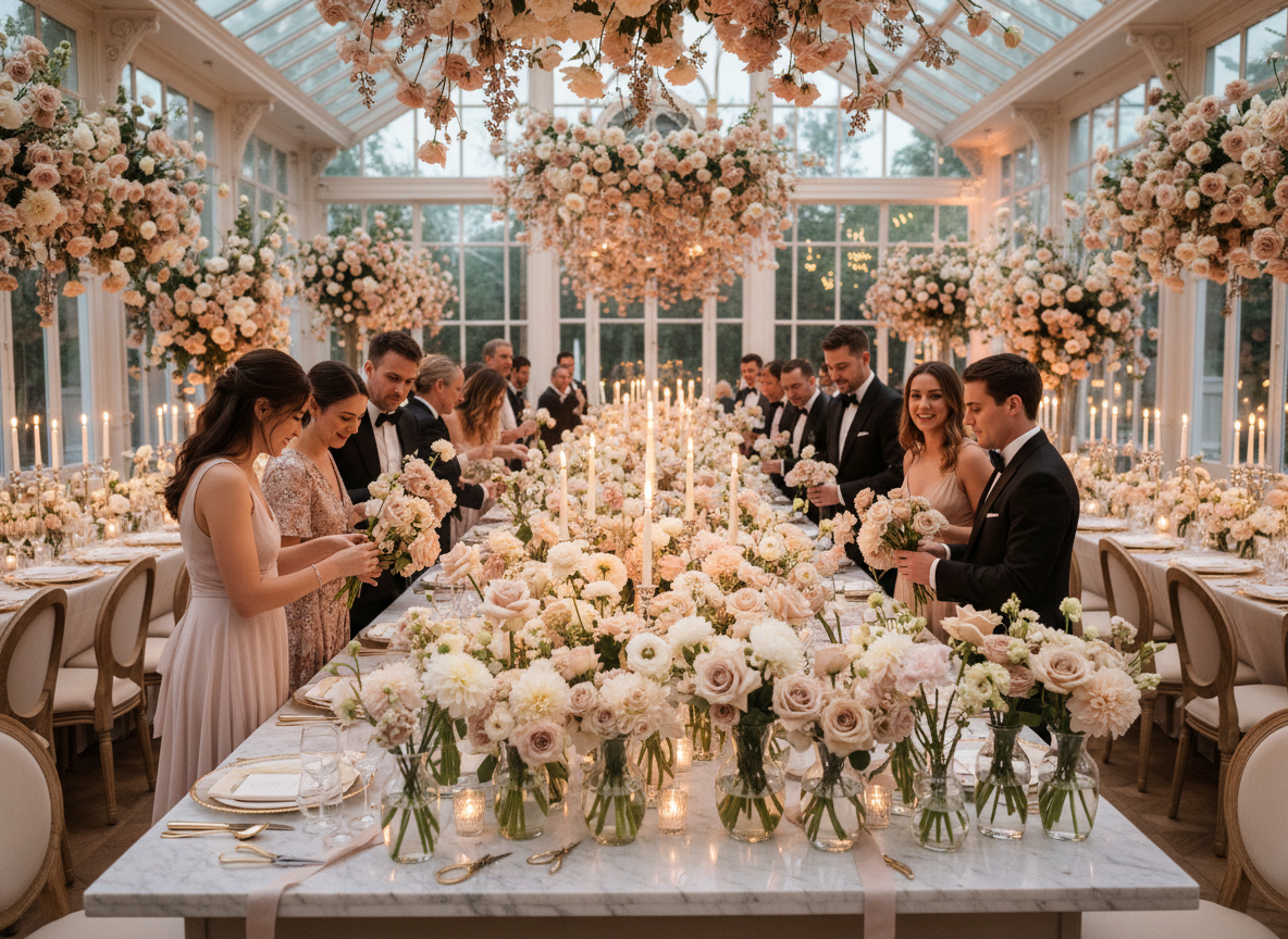 An elegant luxury wedding reception featuring a beautifully styled flower bar surrounded by abundant florals. Guests in formal attire creating bouquets at a long floral station, soft blush, ivory and champagne flowers arranged around the entire event space, romantic candlelight, delicate glass vases, refined tablescapes, airy natural lighting, sophisticated wedding photography aesthetic, wide landscape composition showing flowers throughout the venue.